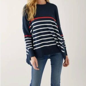 Mersea Amour Sweater Navy & White Stripe with Red Hearts on Elbows One Size S-XL